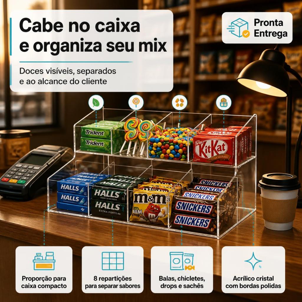 Expositor Balas Doces Acrílico 2 Andares 8 Divisórias Baleiro Balcão Bomboniere Loja Padaria — imagem 2 de 2
