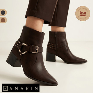 Bota Feminina Ramarim Detalhes Três Tiras Fivelas Tachas Argolas Cano Médio Salto Bloco Original