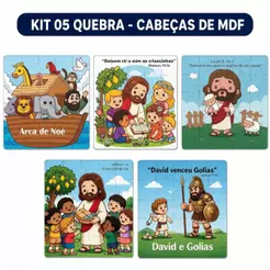 Kit 5 Quebra Cabeça Mdf 9 Peças Jogo Religioso Pedagógico Infantil Educativo