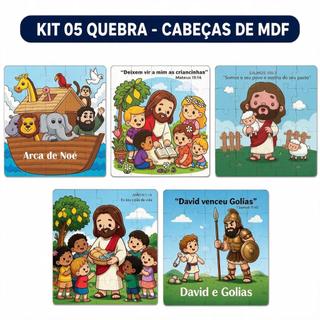 Kit 5 Quebra Cabeça Mdf 9 Peças Jogo Religioso Pedagógico Infantil Educativo