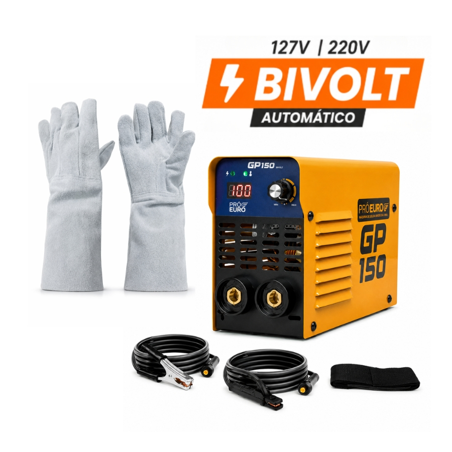 Kit Máquina de Solda Inversora GP 150 Bivolt MMA TIG Lift + Luva de Raspa Pró Euro