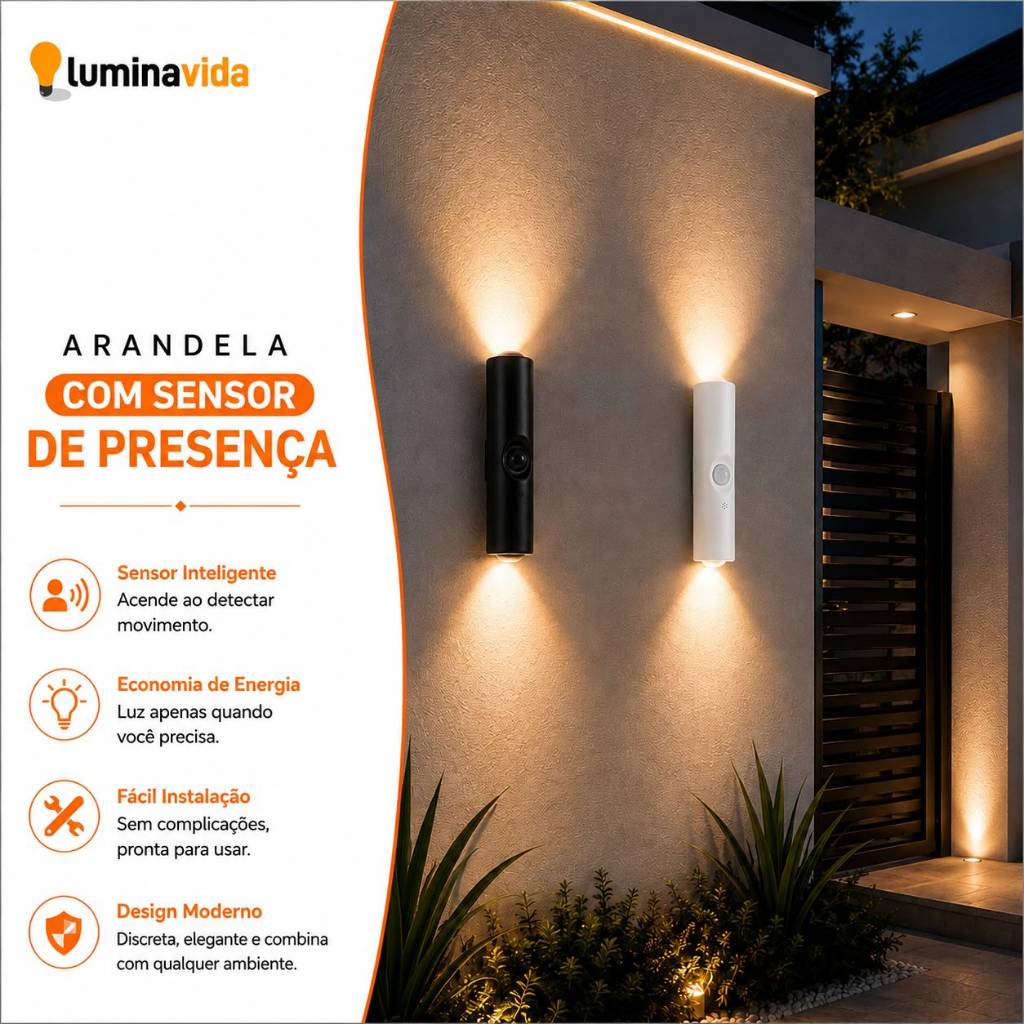 Arandela LED Sensor de Movimento Recarregável USB 3 Tons de Luz  Luminária Parede Sem Fio