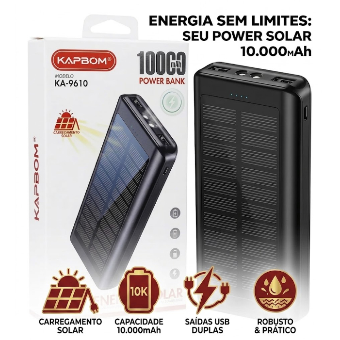 Power Bank Solar KA-9610 10000mAh com Lanterna LED, Carregador Portátil USB para Celular e Viagens