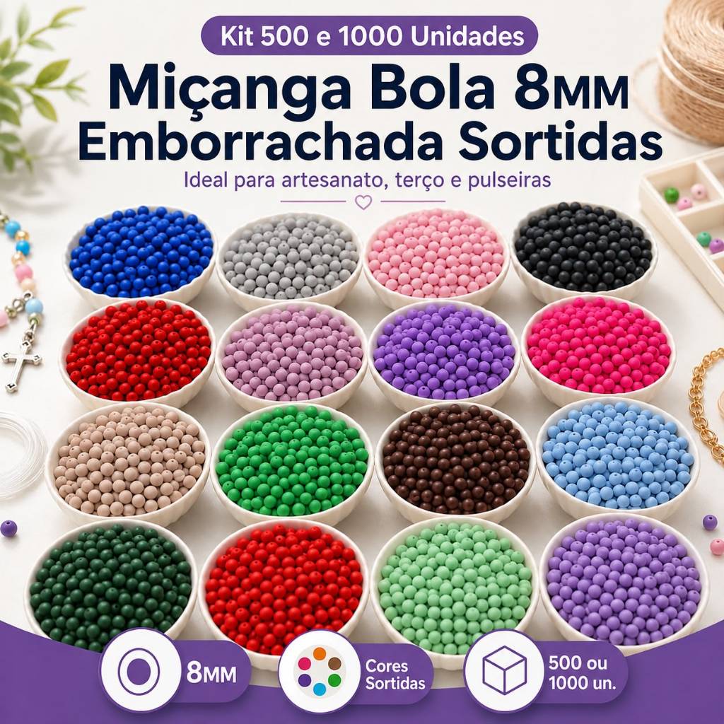 kit 1000 E 500 unidades Miçanga Bola 8MM emborrachada Sortidos Artesanato Terço Pulseira