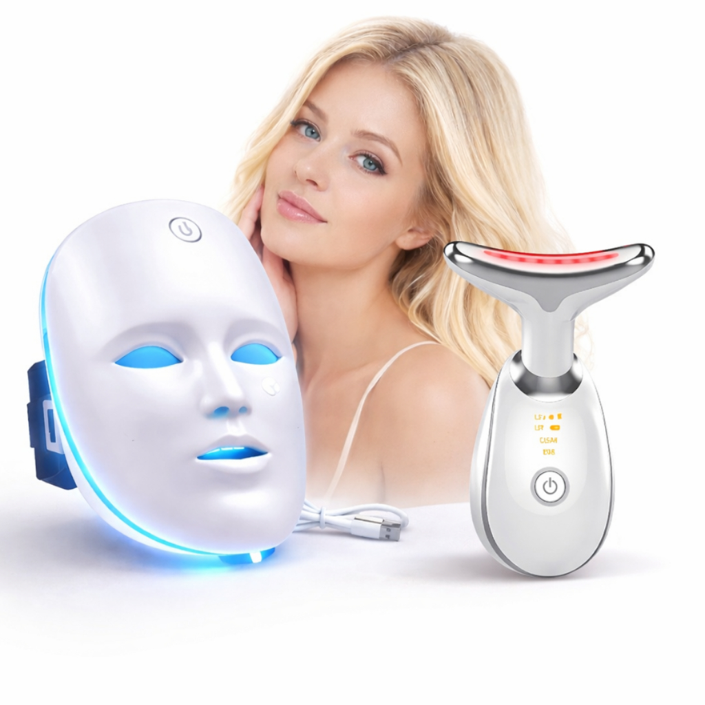 Kit Máscara Facial Led 7 Cores + Massageador Facial Led Skincare Fototerapia