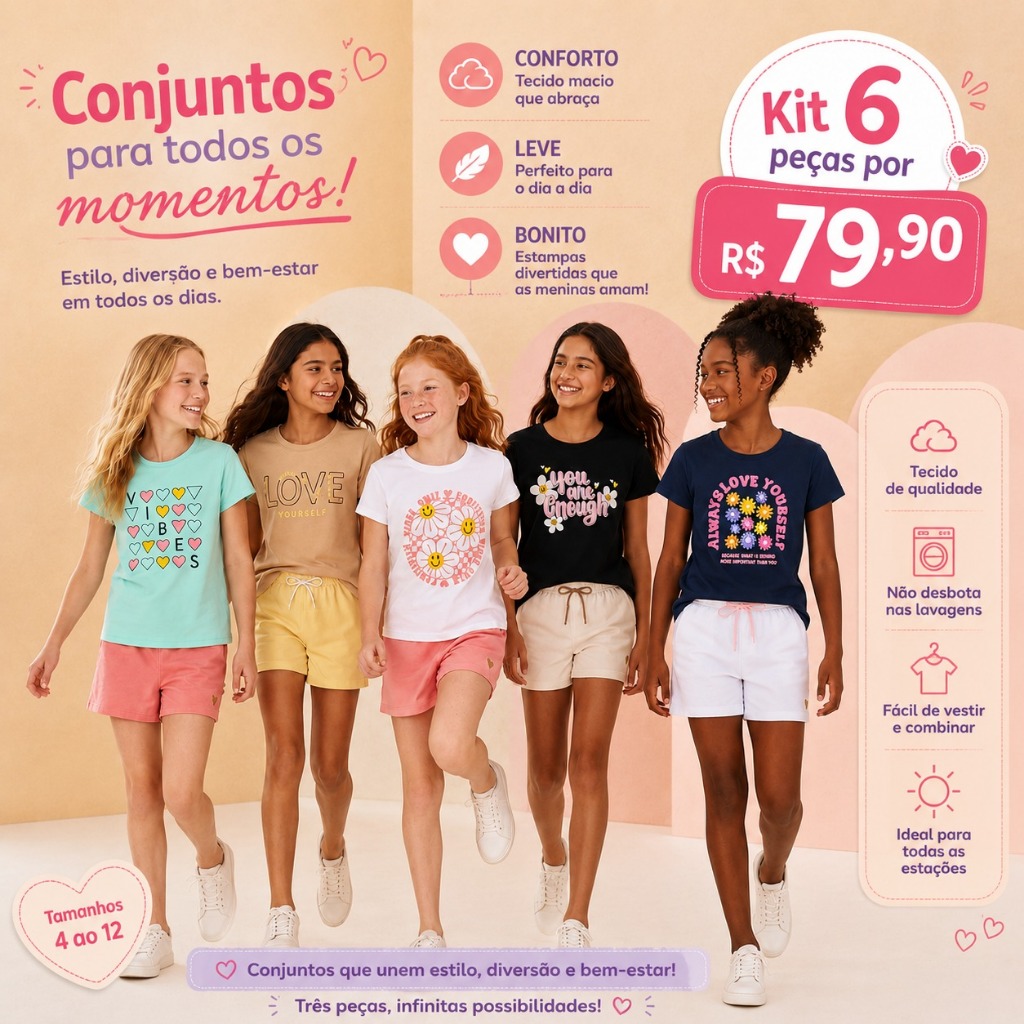 KIT 6 PEÇAS MENINA INFANTIL JUVENIL CONFORTO ESTILO E PRATICIDADE VERÃO 3 SHORTS MAIS 3 BLUSAS FEMININO