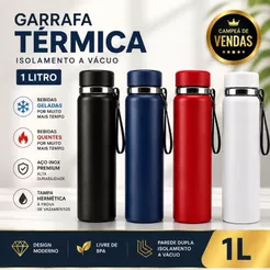 Garrafa Térmica 1 Litro 1000ml Inox SUS 316 Parede Dupla com Alça Quente Frio Antivazamento