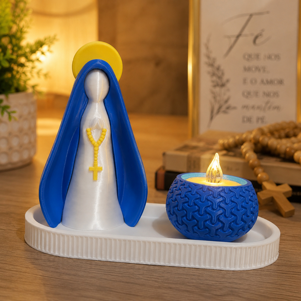Kit Nossa Senhora Aparecida com Bandeja Decorativa e Vela LED | Altar Religioso Católico para Decoração e Presente