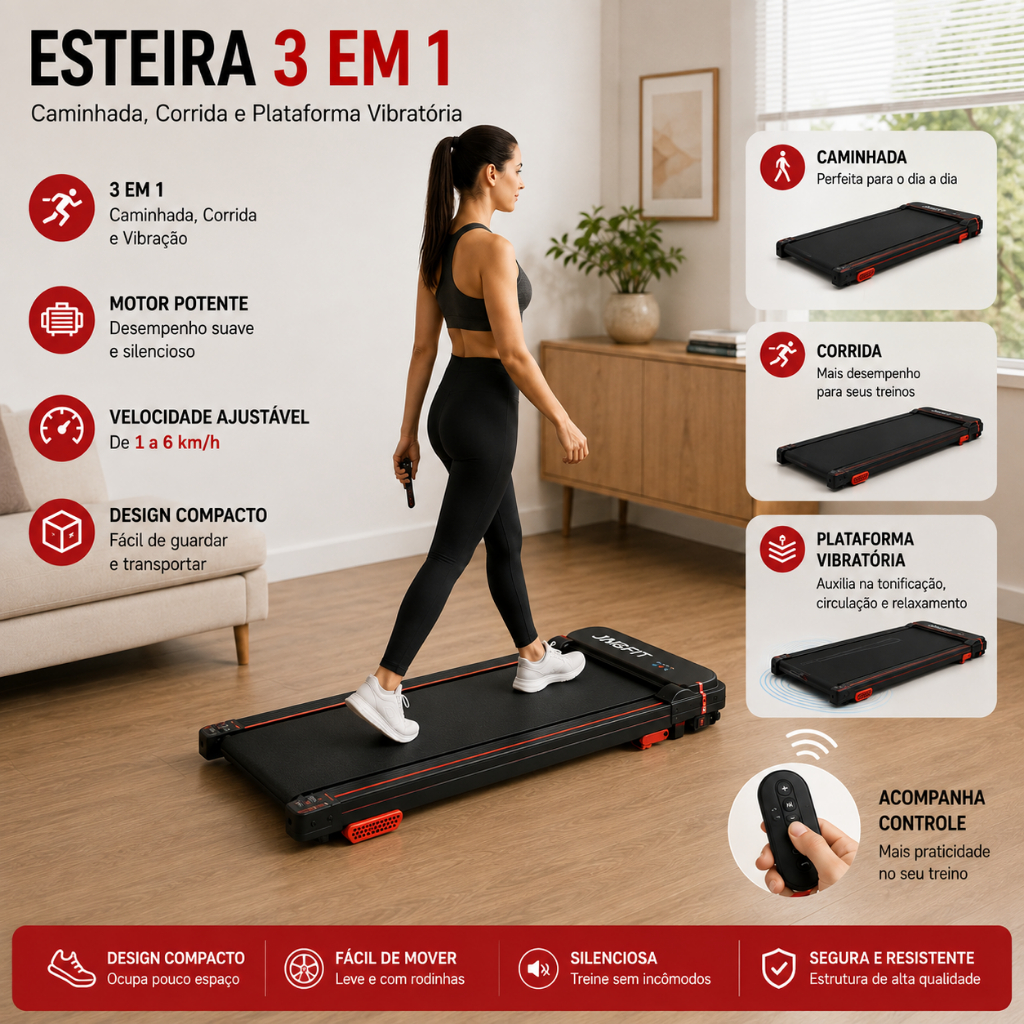 Esteira Elétrica Compacta JagFit 3 em 1 Corrida Caminhada 127V