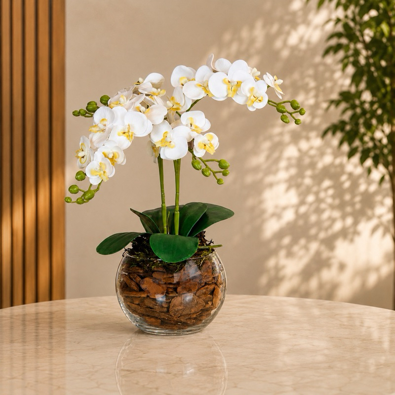 Arranjo Artificial Orquídea 3D Decorativo 4 Hastes Vaso Vidro