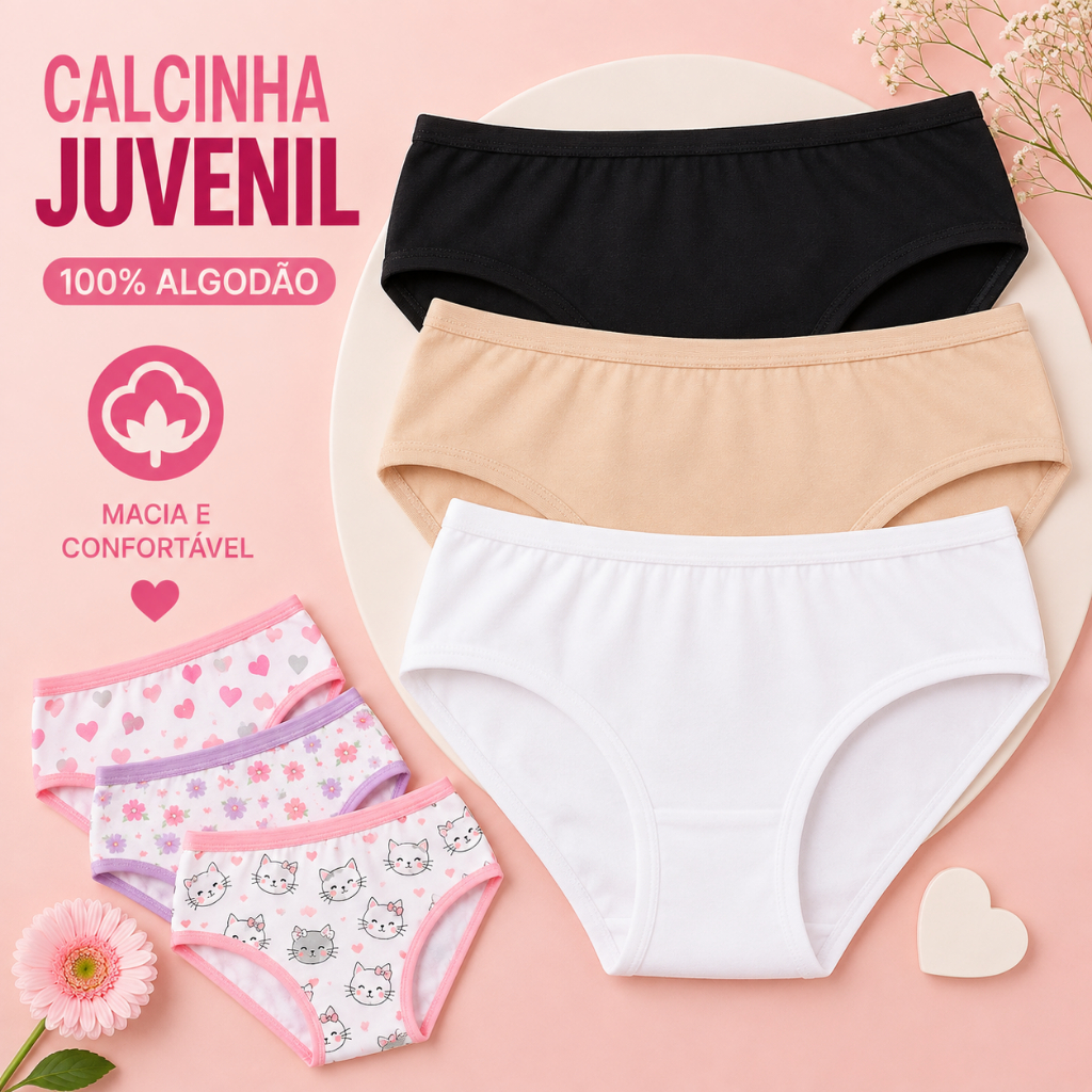 Kit 10 Calcinhas Infantil Juvenil Algodão Cotton Com Forro ou 5 Calcinha Confortável