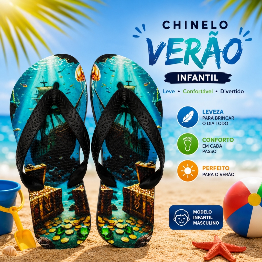 Sandália Infantil Navio Pirata Masculino Chinelo Estampa