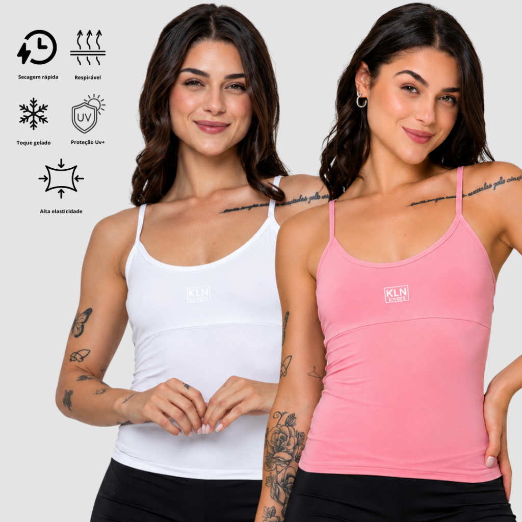 Kit 2 Regata Academia Feminina Alça Fina Poliamida Zero Transparência Blusa Forro Duplo Confortável