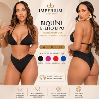 Biquíni EFEITO LIPO Top Cortininha Calcinha Asa Delta Cintura Alta de Cós