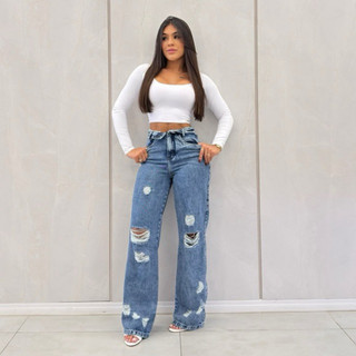 Calça Jeans Wide Leg Pantalona Cintura Alta Blessmih