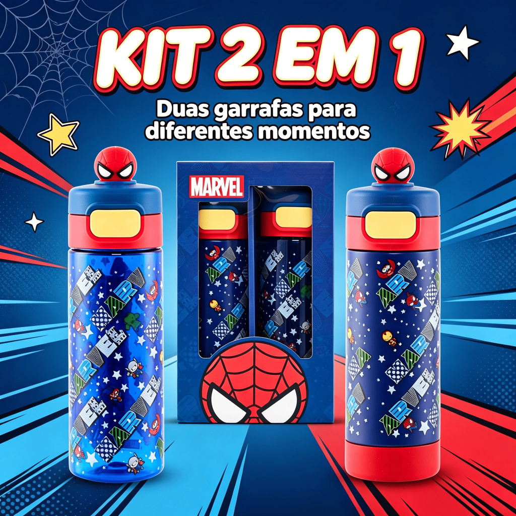 Kit 2 Garrafas Homem Aranha Antivazamento Infantil Menino Escolar Marvel Vingadores