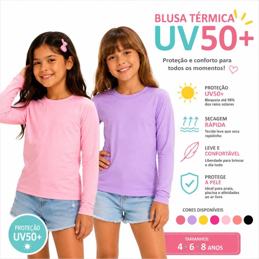 camisa uv infantil feminina protecao solar uv50+ blusa termica manga longa menina praia piscina natacao tam 4 6 8