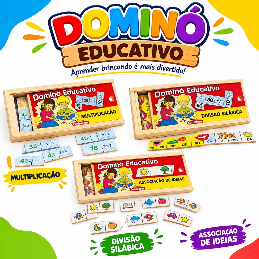 Dominó Educativo MDF 28 Peças – Brinquedo Infantil para Alfabetização Matemática e Raciocínio