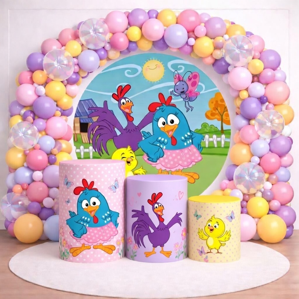 Capa Painel Redondo + 3 Capas Cilindros Aniversário Galinha Pintadinha Desenho Festa Infantil