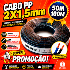 Cabo Pp 2x1,5mm Flexível Rolo 100 Metros e 50 Metros com 15 Filamentos