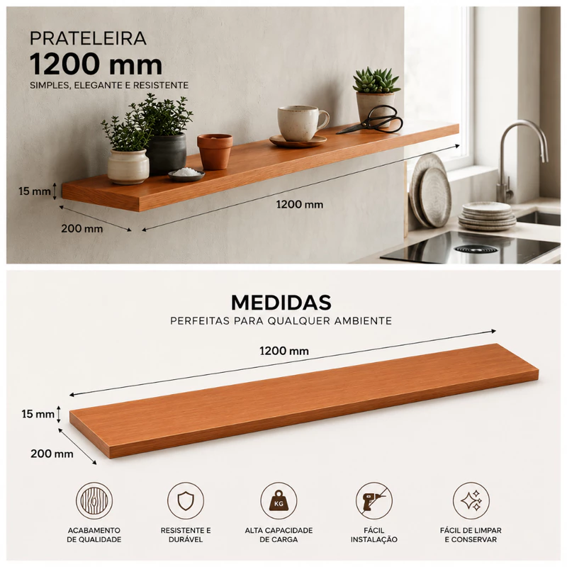 Prateleira de Parede MDF Madeirado Freijó 120x20cm com Suporte Invisível — foto 4