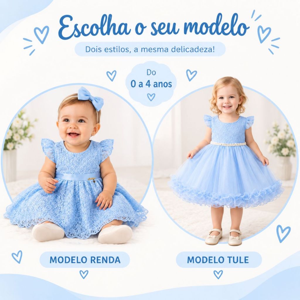 Vestido Bebê A 4 Anos Festa Tulle Com Renda Cinto Pérolas MesVersário Ensaio Fotográfico Azul Bebê