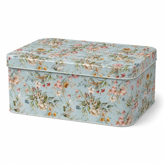 Caixa Organizadora Grande Com Tampa Floral Azul Aço Presente Rigida Cartonada