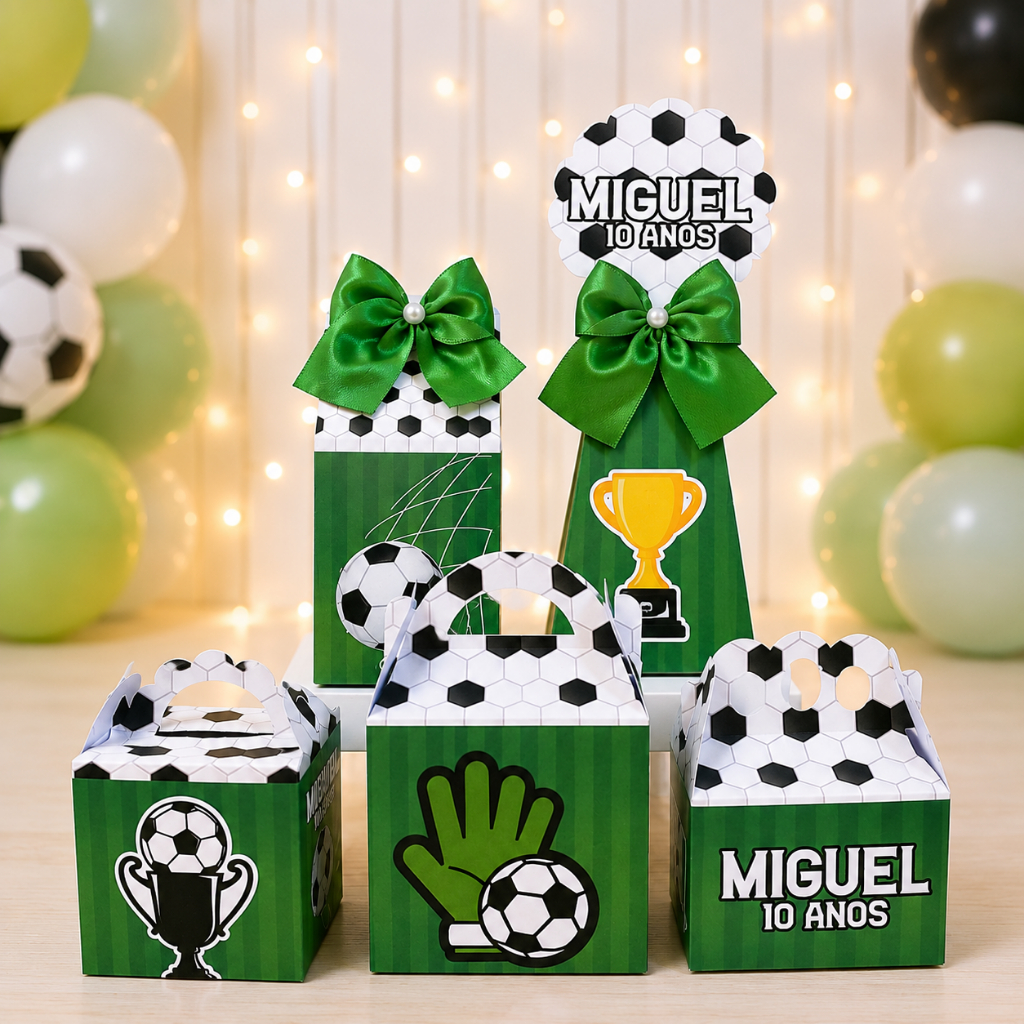Kit Festa Futebol Lembrancinha Aniversário Infantil Personalizado com Nome Caixas Desmontadas