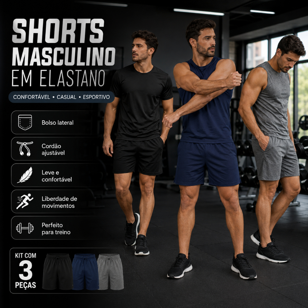 Kit 3 Shorts Masculino Em Elastano Confortável Casual Academia Praia Treino Pesca Piscina Com Bolso E Cordão Ajustável