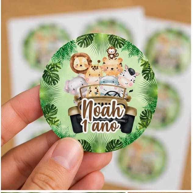 Adesivo Redondo Safari Personalizado para Festa Infantil 6x6 cm  Lembrancinhas Caixinha Decoração.