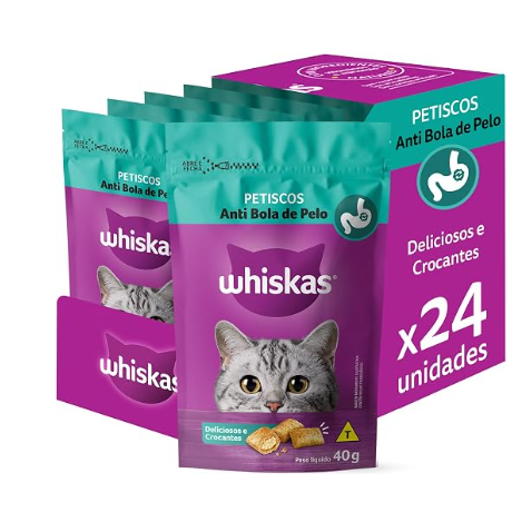 24 Rações Whiskas Snacks Anti Bola Pelo 40g