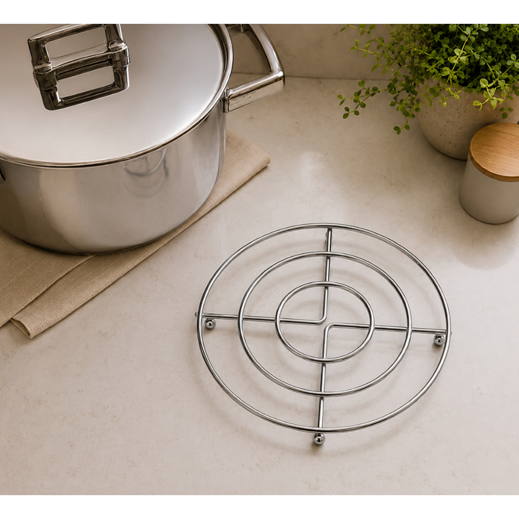 Kit 3 Peças Descanso De Panela Cozinha Suporte Aramado Circular De Metal Inox Moderno Apoio Seguro