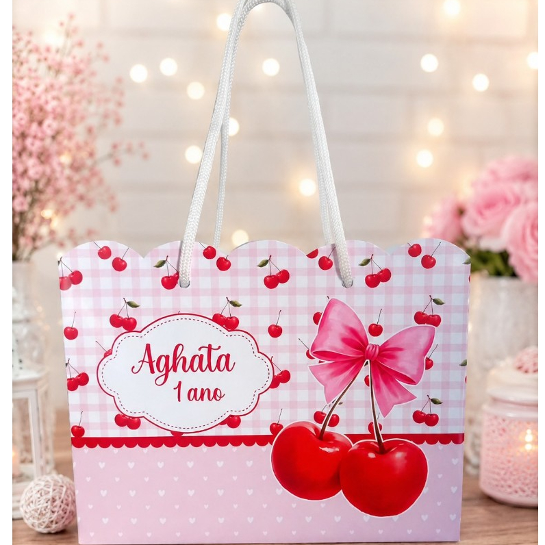 Sacolinha Personalizada Cerejinha | Lembrancinha Festa Infantil | Sacola Surpresa com Alça | Aniversário 1 Ano