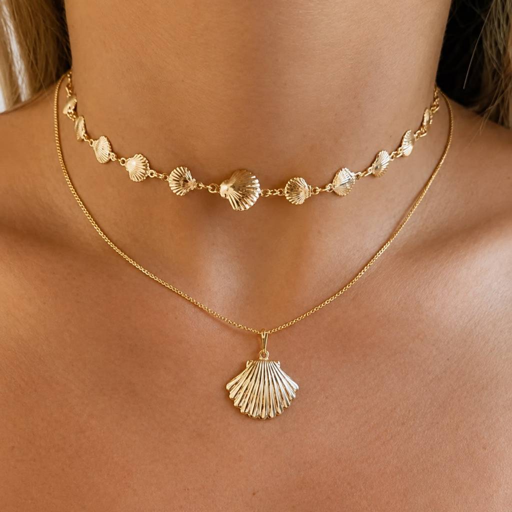 Colar feminino pingente Concha Do Mar Ouro 18k + gargantilha Choker De Conchinhas Búzios