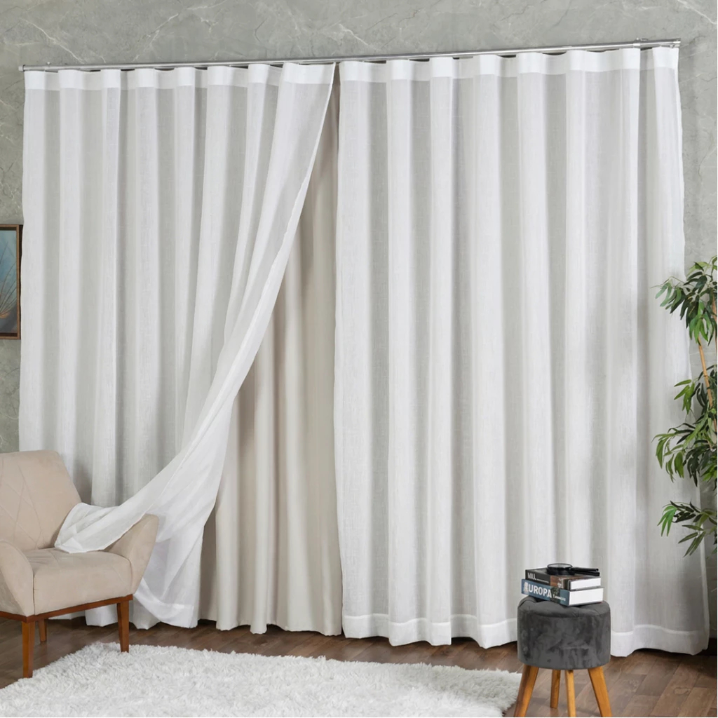 Cortina Trilho Suíço Duplo Voil De Linho 3,00 x 2,30/2,40/2,50/2,60/2,70/2,80 c/ Forro Blackout Grosso