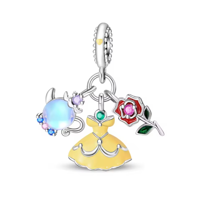 Berloque 100% prata 925 com por bule, vestido amarelo e rosa A Bela e a Fera (princesa Disney) 805