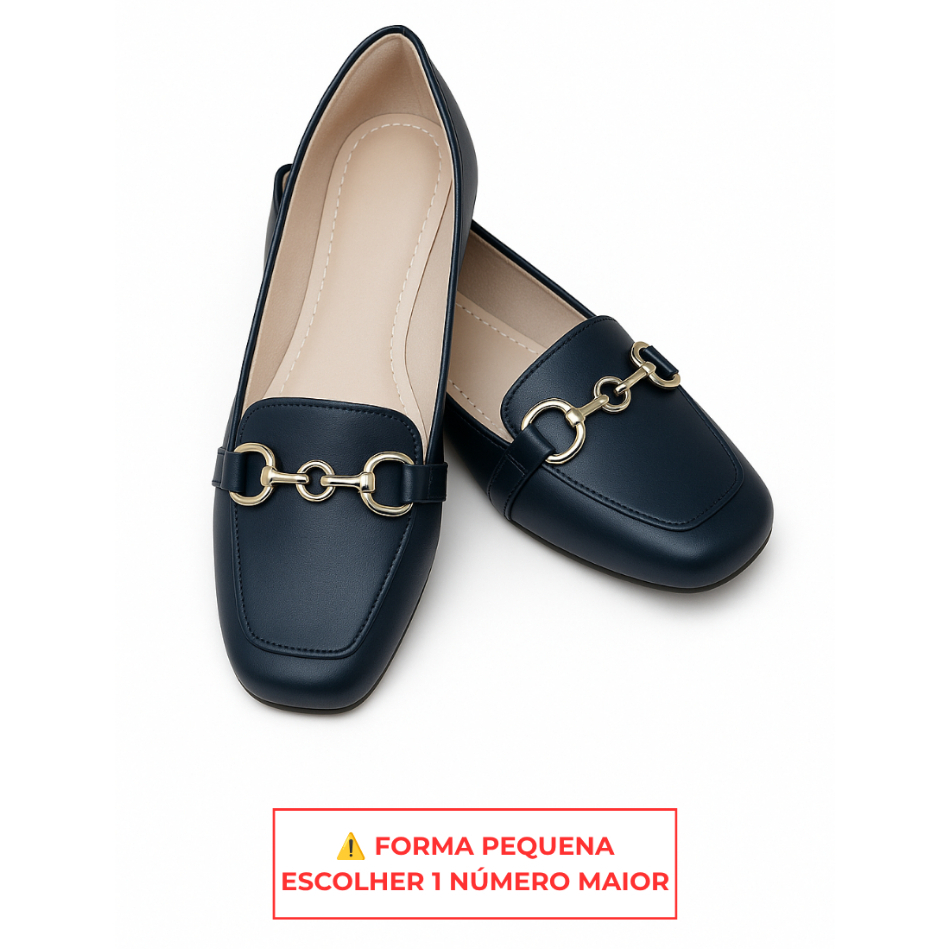 Sapatilha Feminina Mocassim Bico Quadrado Fivela Dourada Casual Confortável Elegante