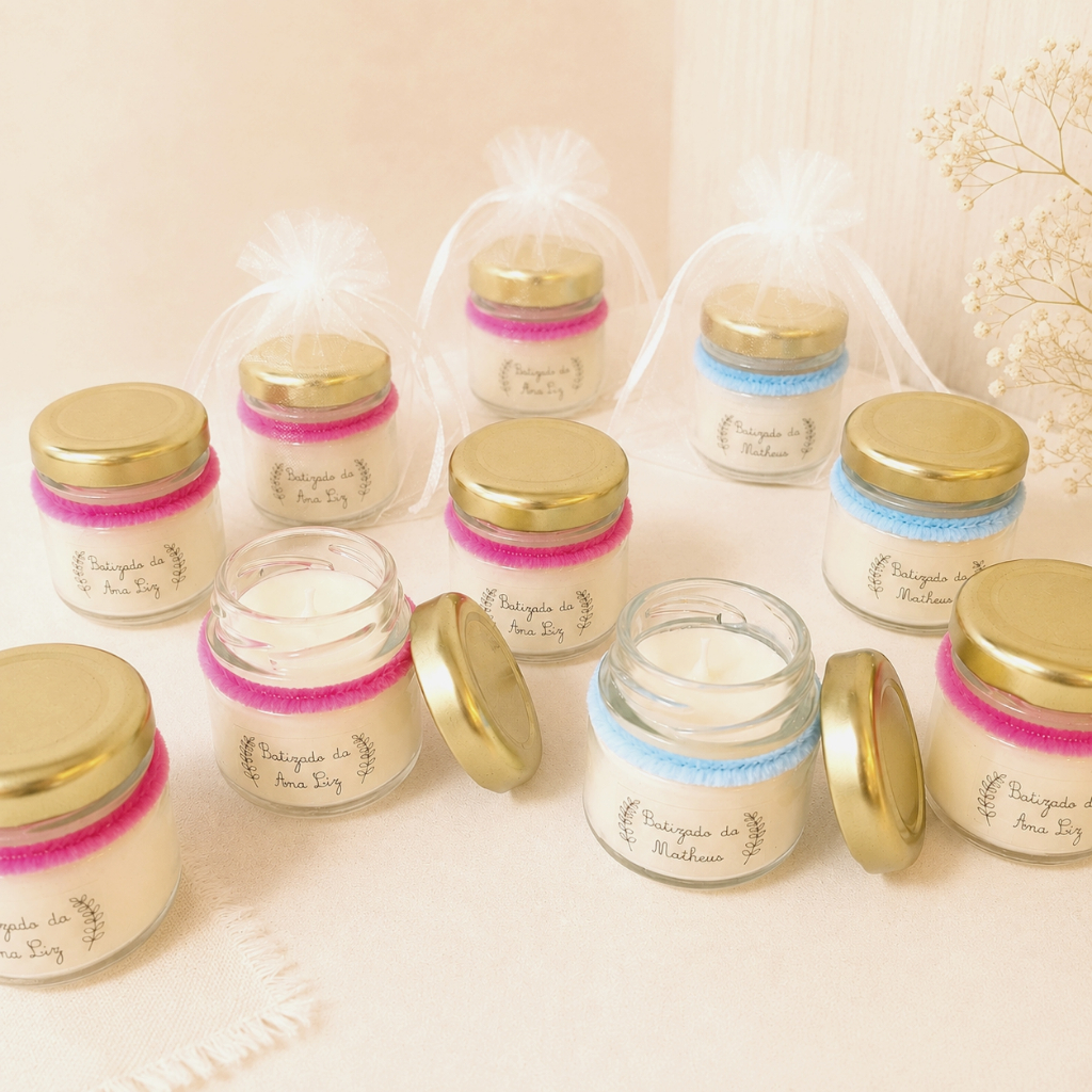 Kit 5 Mini Velas - PERSONALIZADAS Aromatica Perfumada Cera Vegetal Lembrancinha Maternidade Batizado