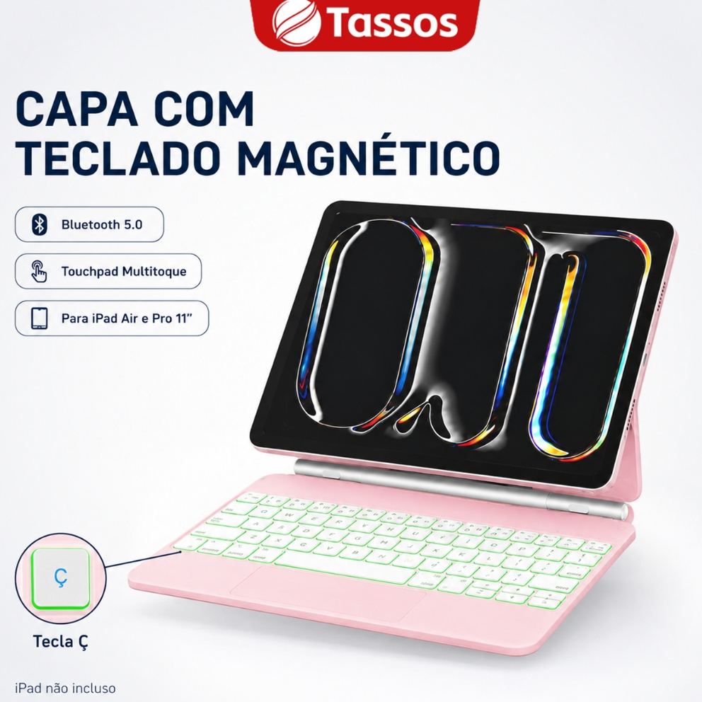 TASSOS Capa com Teclado Magnético para iPad Air 4 5 11 M2 M3 Pro 11 Bluetooth To
