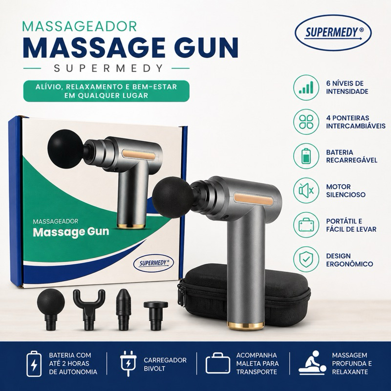 Massageador Pistola Massage Gun Supermedy Profissional Miofascial 6 Intensidades 4 Ponteiras Recarregável