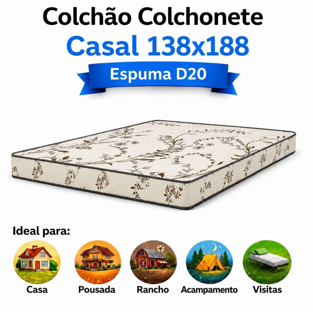 Colchão Colchonete Casal D20 138x188x8cm Estampado  Multiuso confortável