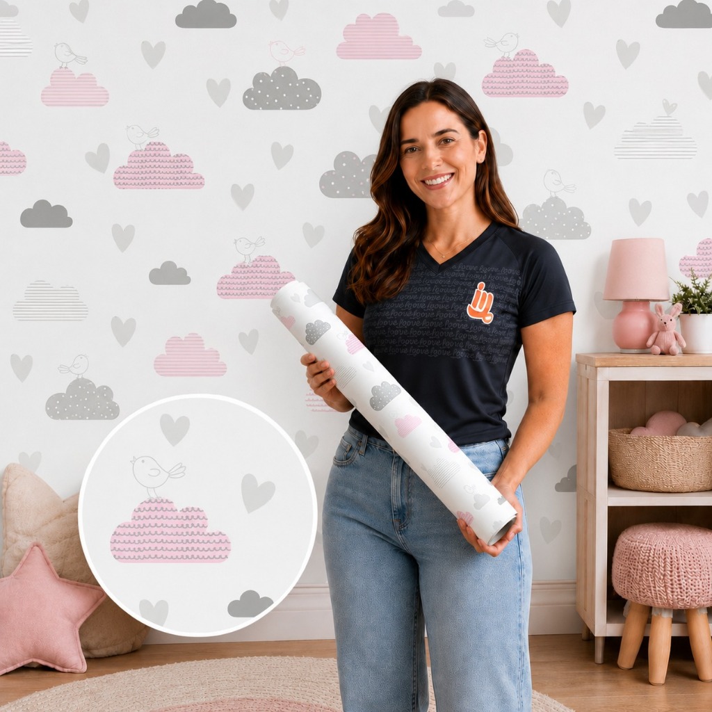 Papel de Parede Baby Nuvens Cinza e Rosa com Passarinhos