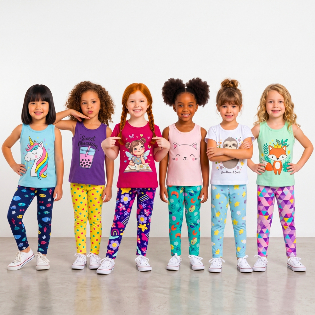Kit 4 Peças Conjunto Menina Infantil Verão 2 Camiseta Curta 2 Legging Cotton Algodão ou Supplex Roupa Feminina Verão
