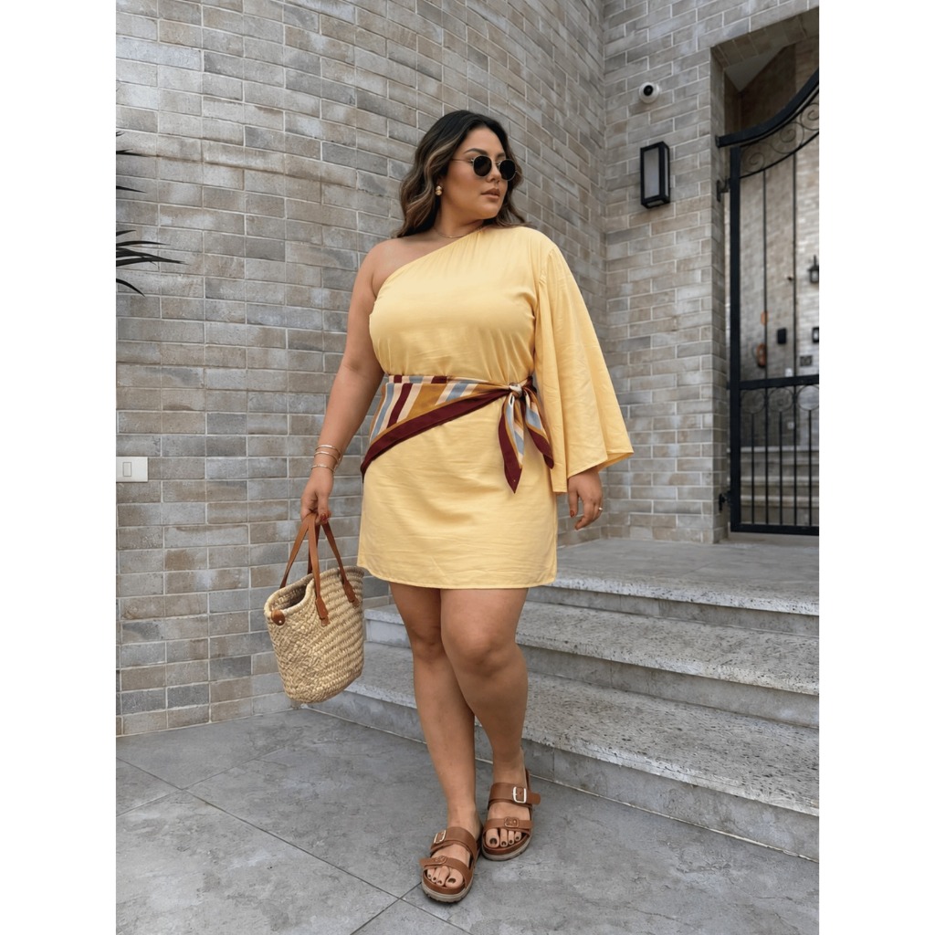 Vestido Plus Size Curtinho Festa Elegante Mula Manca Ajustável Soltinho Jovial Moderno Manga Godê Não Marca Barriga