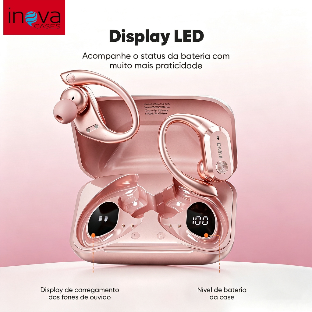 Fone de Ouvido Inova Rosa Feminino - Bluetooth 5.4, Bateria 48h, Case com Display LED, IPX5 e Microfone Esportivo Brinde