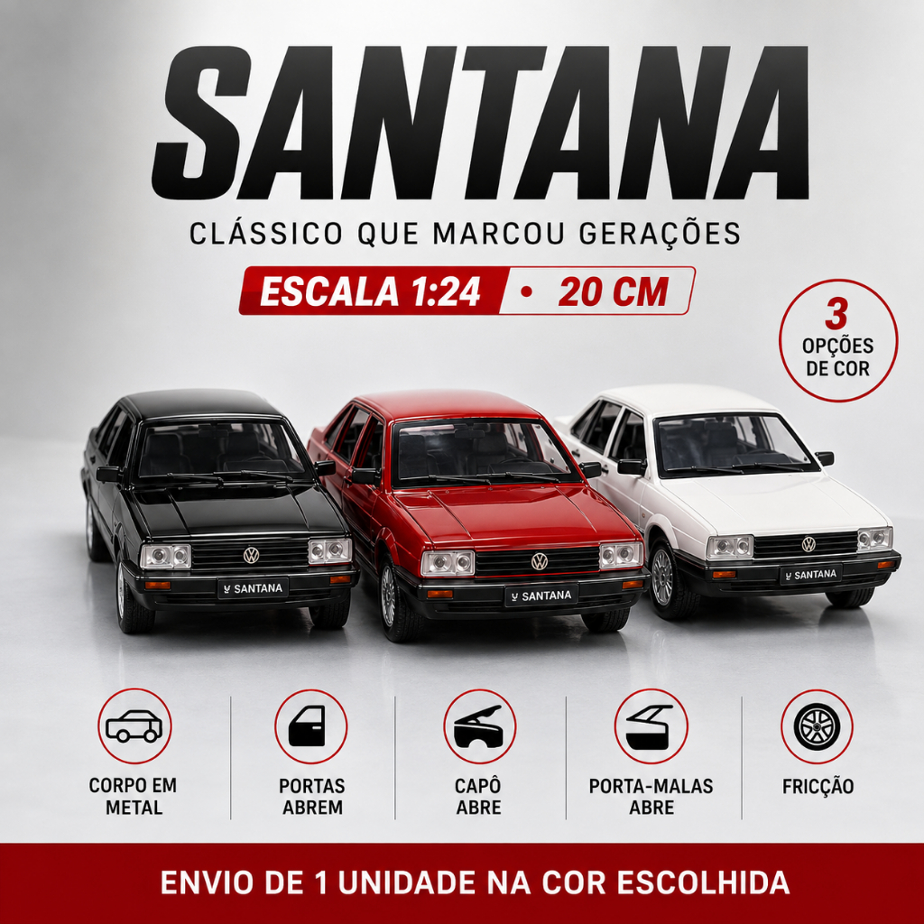 Miniatura Volkswagen Santana 1/24 Diecast Metal Som LED Abre Portas Colecionável