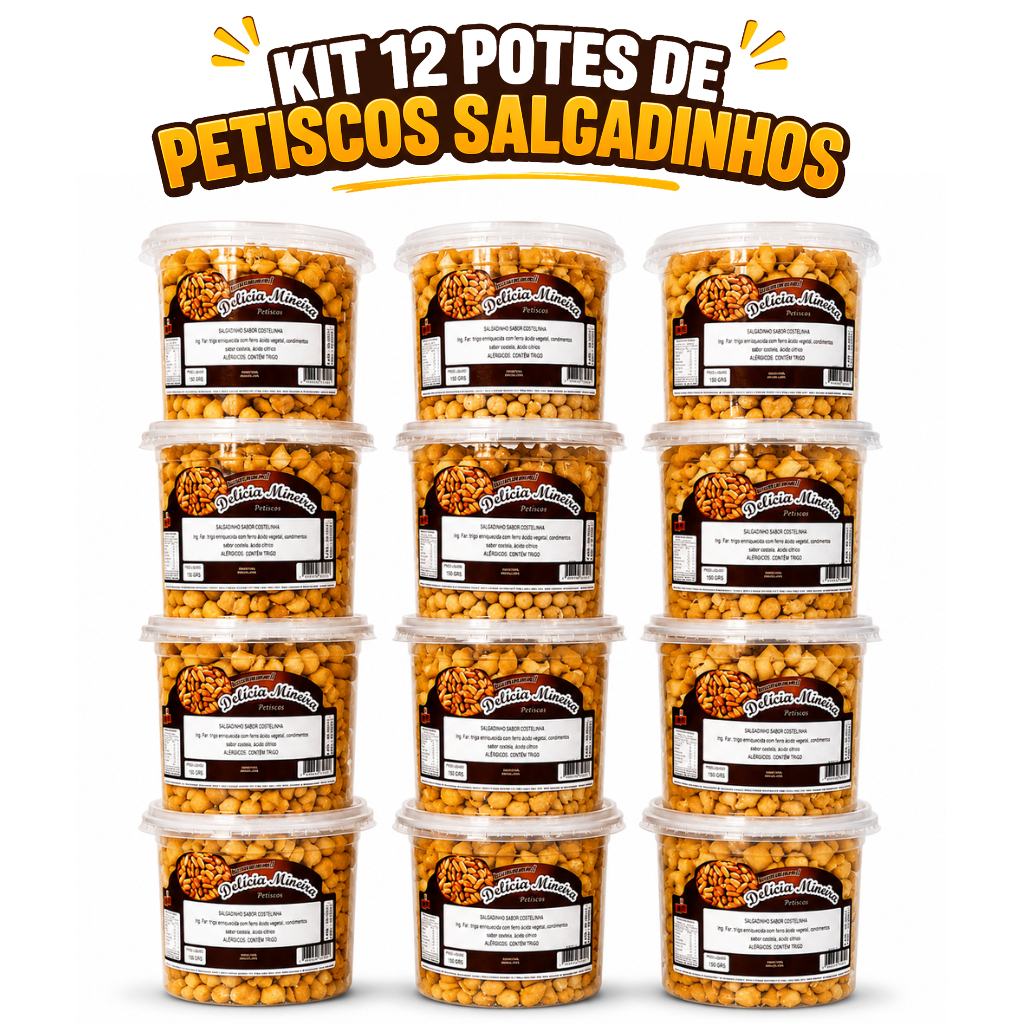 Kit 12 Potes Petiscos Biscoitos Salgados Delícia Mineira 350g Revenda Tira Gosto Churrasco Lanchonete