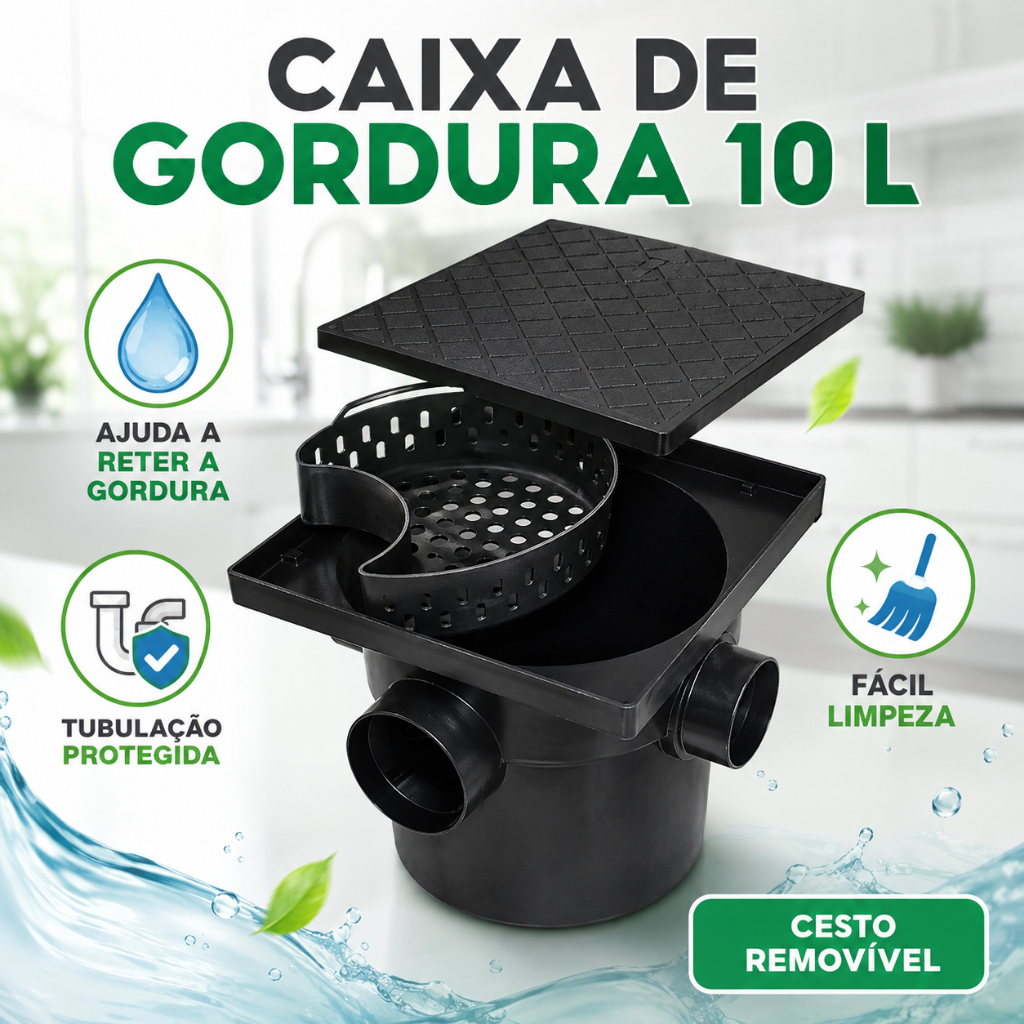 Caixa Sifonada de Gordura 10L Cesto Coletor DN40 DN50 DN75 DN100 Saída DN100