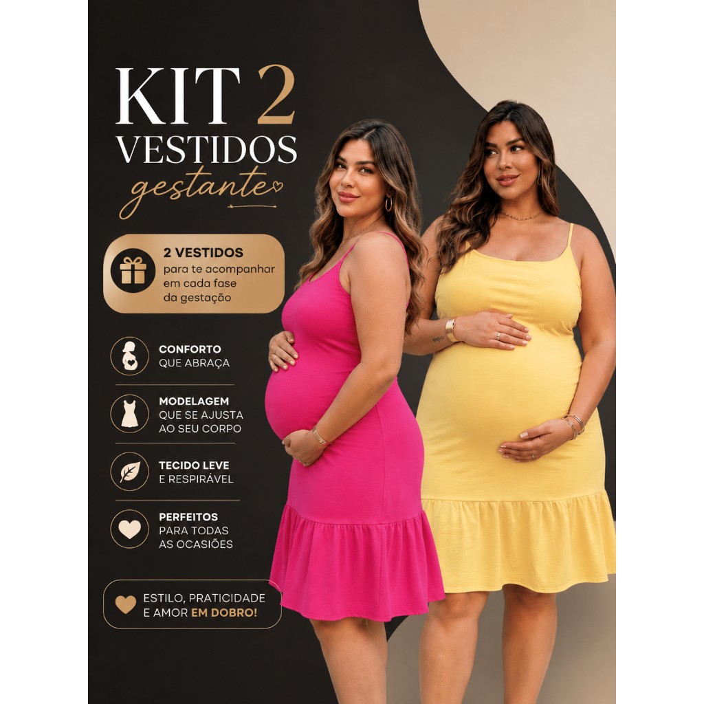 Kit 2 Vestidos Gestante Soltinho Confortável Alça Ajustável Fácil Amamentação Não Aperta Barriga Moderno Elegante