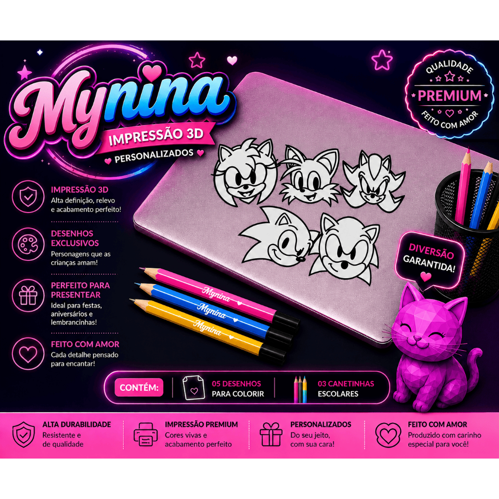 Kit Colorir 3D Personalizado Infantil 5 Desenhos + 3 Canetinhas Lembrancinha Festa Aniversário